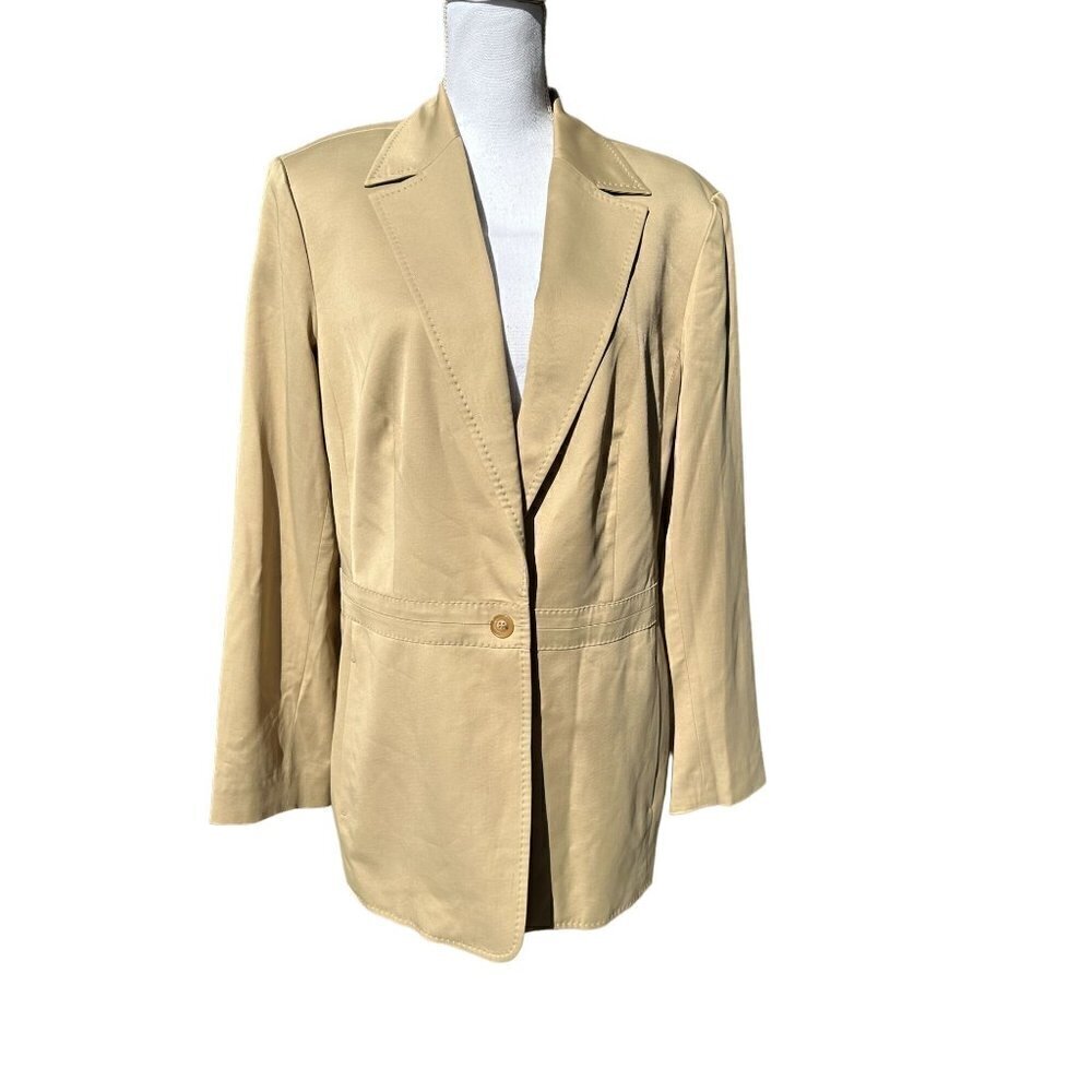 Entier Classiques Blazer Jacket Sz 16 Tan Lined One Button Decorative Stitching